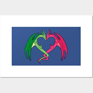 Flying Love Dragons On Blue Background Design Posters and Art